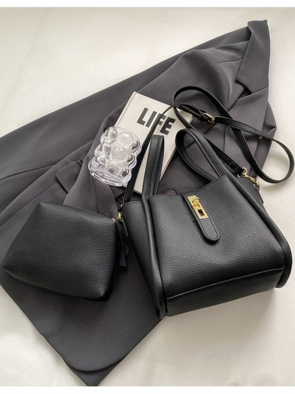 Black Pebbled Leather Satchel Handbag with Pouch - Unbranded